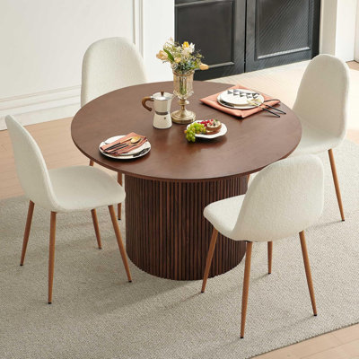 Dining Table Set for 4, Mid Century Modern 47 Inch Wooden Round Dining Table Set, Space Saving (Table + 4 White Chairs)