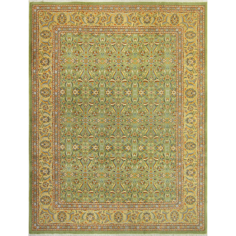 Tapis unique en laine noué à la main vert / jaune 9 pi 2 po x 12 pi 2 po Carlotta