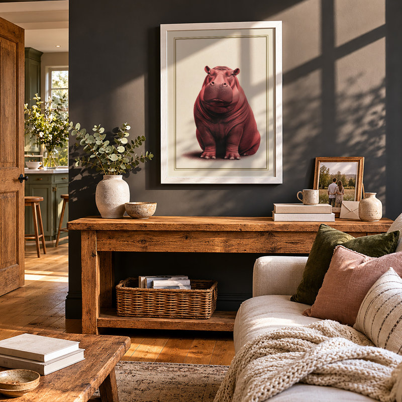 Gentle Hippo Boho - Framed Print, A2 - 59.4 x 42.0 cm, White