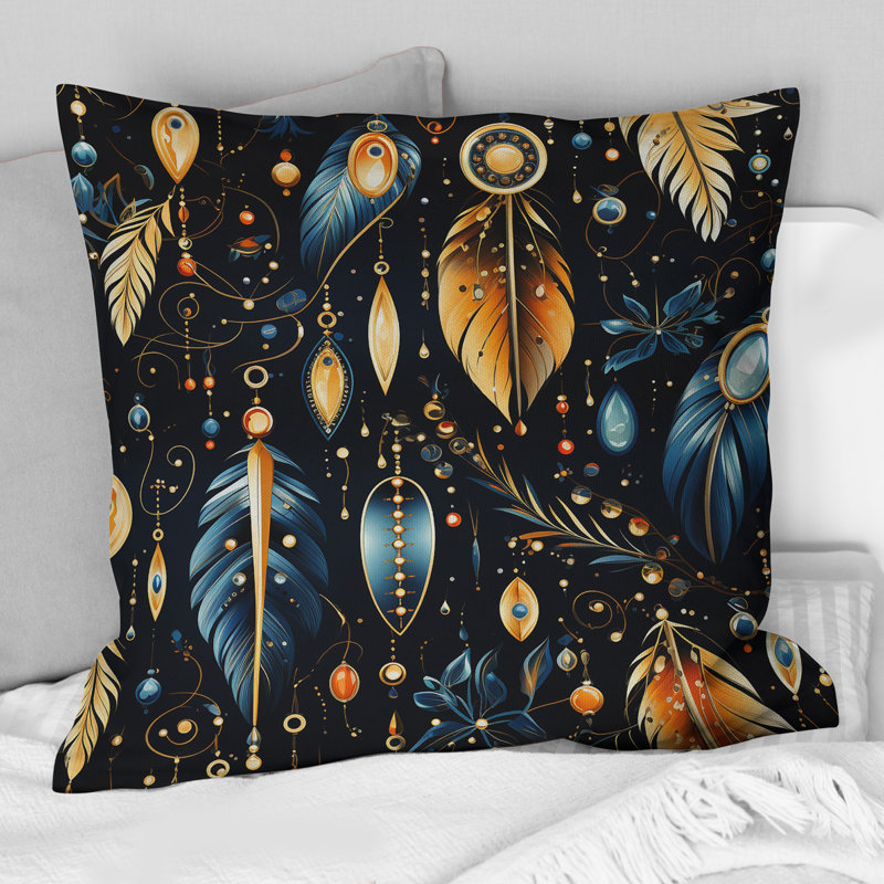 Blue Boho Chic Feathers Charms - Coussin décoratif imprimé Boho, H 18 po x l 18 po