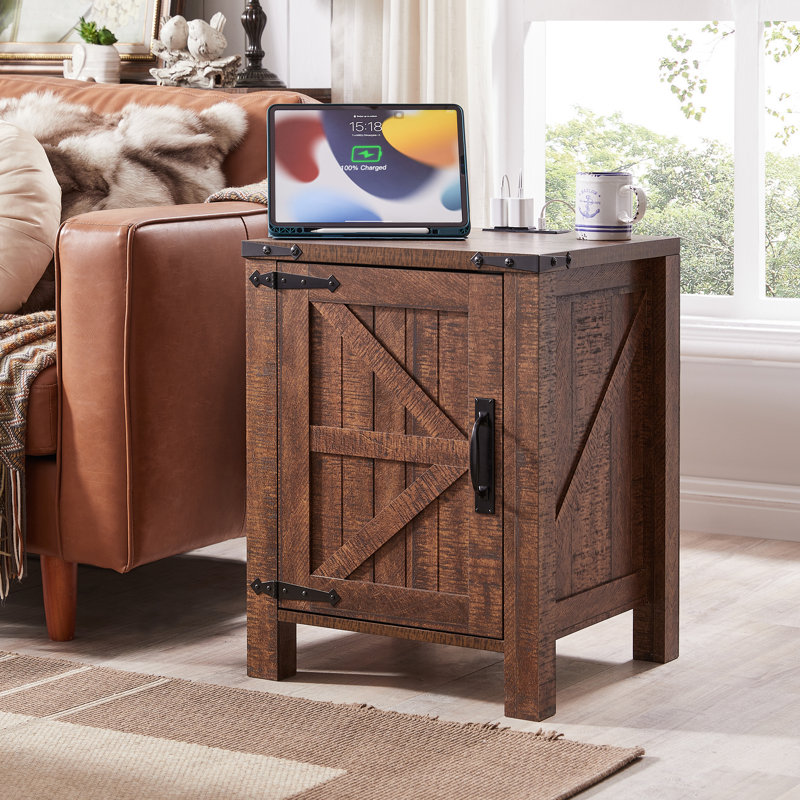 Clairese 24'' Tall  Farmhouse End Table With Charging Station, Wood Nightstand With Adjustable Shelf, Built-In Outlets