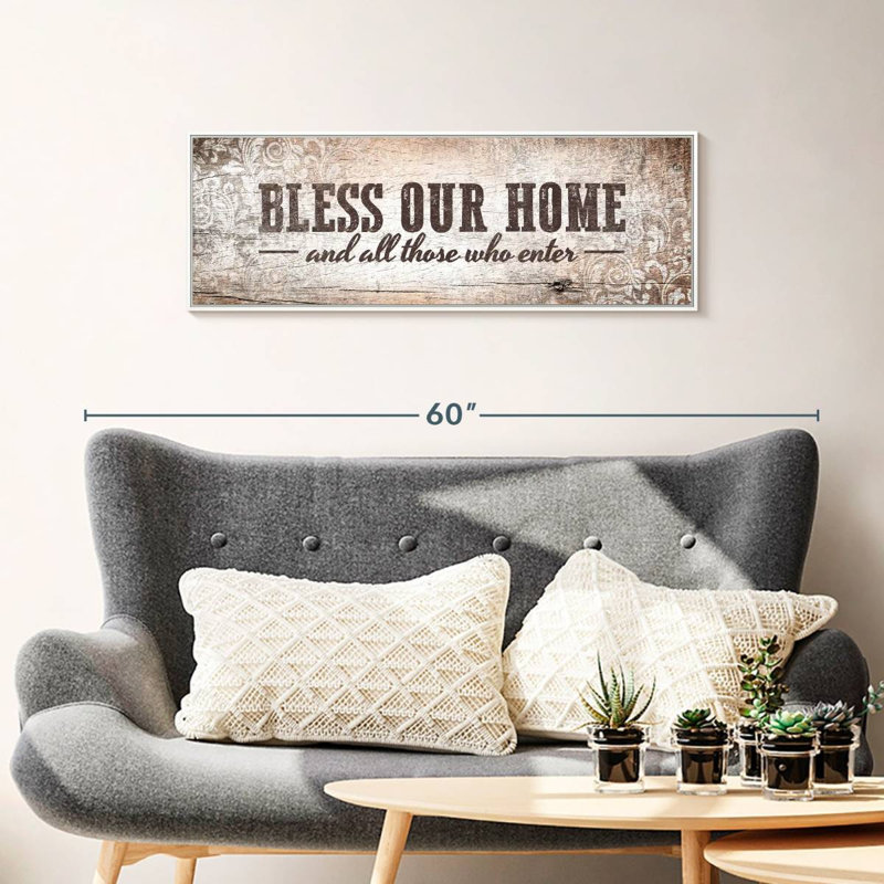Plaque murale «Bless Our Home», Cadre flottant blanc, 37 po x 13 po
