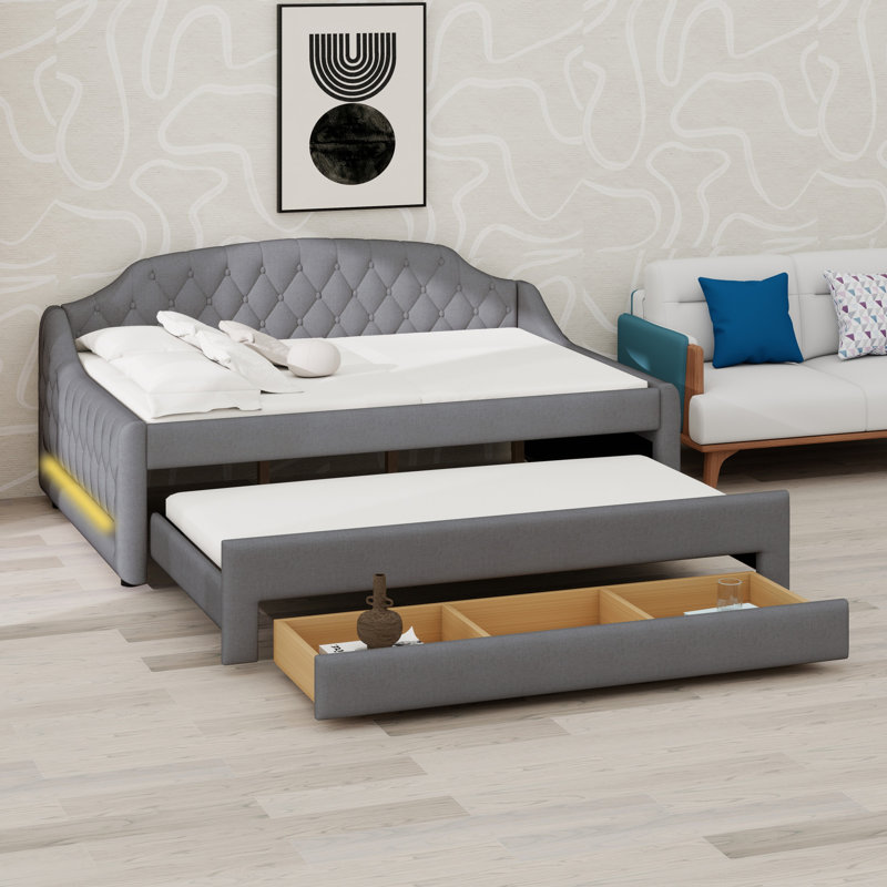 Modern Upholstered Daybed, LED Belt Trundle and Storage Drawers, Gray