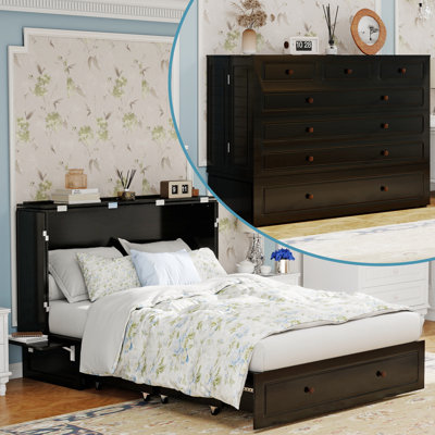 Queen Murphy Bed with Storage Drawers & USB Charging Station, Space-Saving Cabinet Bed for Guest Room, Home Office & Small Spaces