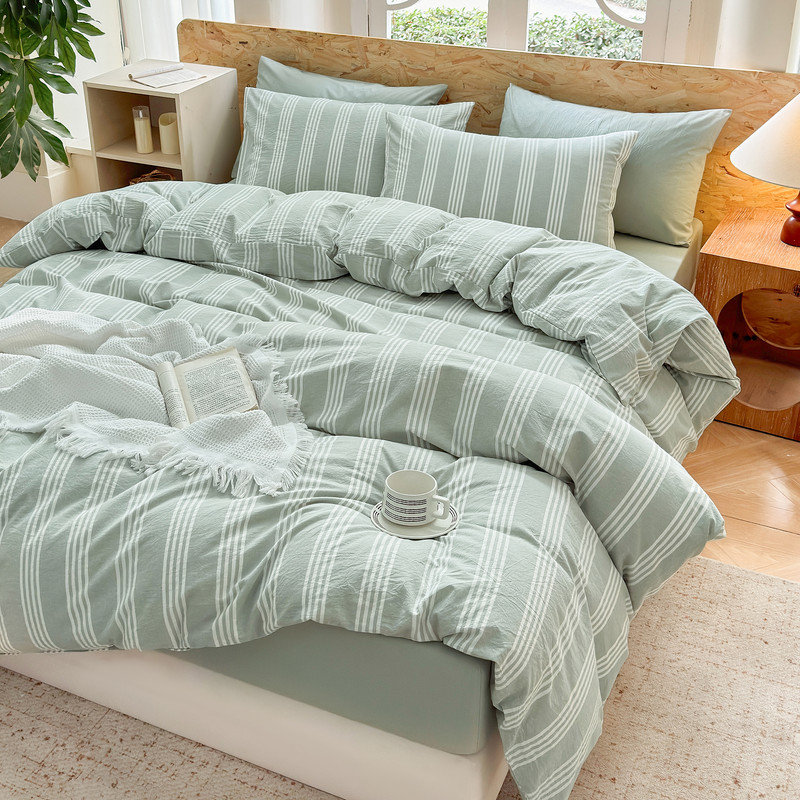 Ensemble de housse de couette rayé 100% coton délavé 3 pièces DONEUS, Housse de couette double + 2 taies d'oreiller stan