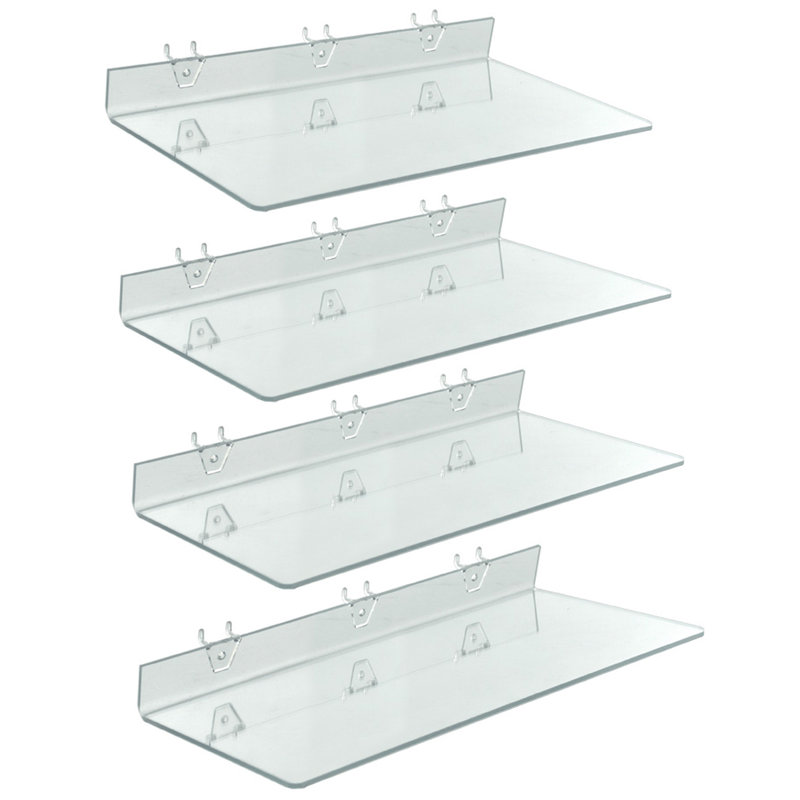 Tablette transparente en acrylique pour panneau perforé et lattes 20 po x 8 po x 2 po, paquet de 4