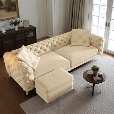 98 Inch Upholstery Sleeper Tufted Sectional Sofa With Convertible Ottoman, King Sleeper Sofa Bed With 2 Pillows
