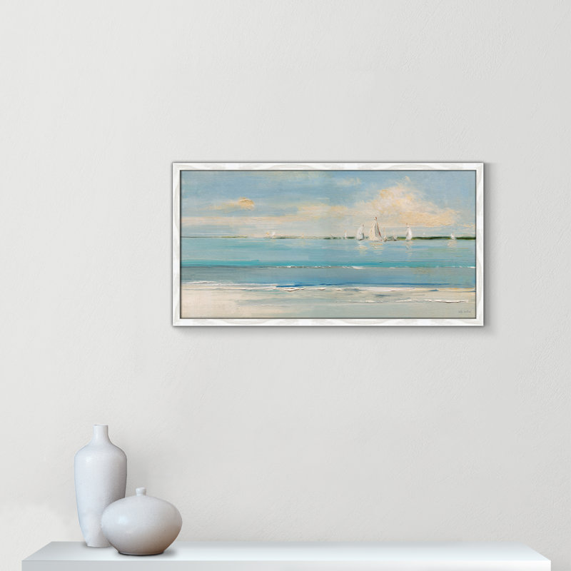 Windy Regatta Print par Sally Swatland, L 31 po x H 16 po, Grain de bois blanc, Impression encadrée