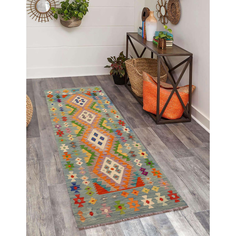 Tapis de couloir orange / bleu / rouge en laine noué à la main de style sud-ouest 2 pi 11 po x 6 pi 8 po Lindale