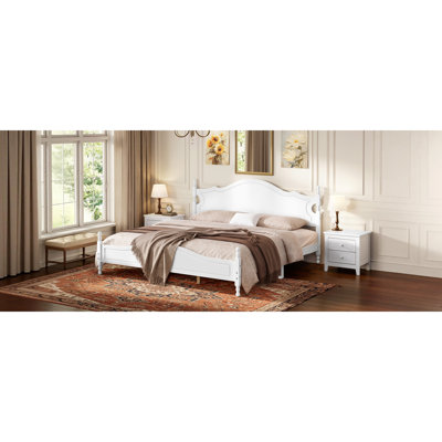 Structure de très grand lit avec tête de lit, lit plateforme en bois de style rétro avec support en lattes de bois, structure de lit très grand sans sommier, assemblage facile, blanc