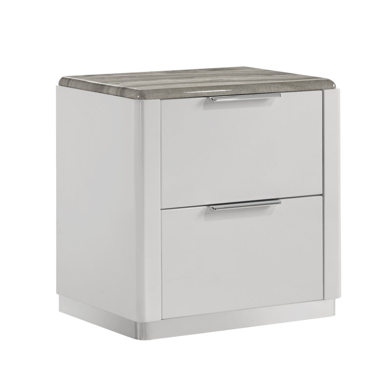 Table de chevet à deux tiroirs Monaco avec finition blanche ultrabrillante et plateau en marbre gris