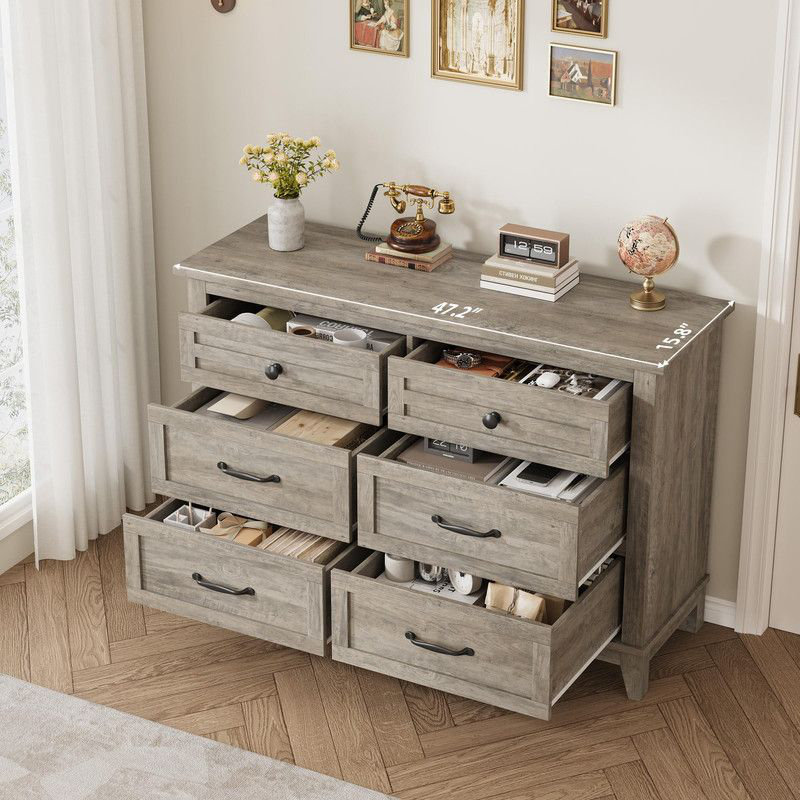 Modern 6-Drawer Storage Dresser, 47-Inch Wide Grey Freestanding Wooden Chest, Closet Organizer for Living Room, Bedroom or Entryway