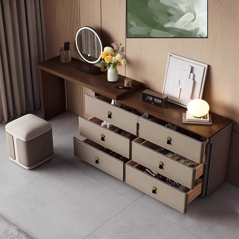 Coiffeuse avec miroir lumineux, 6 tiroirs, prise de courant