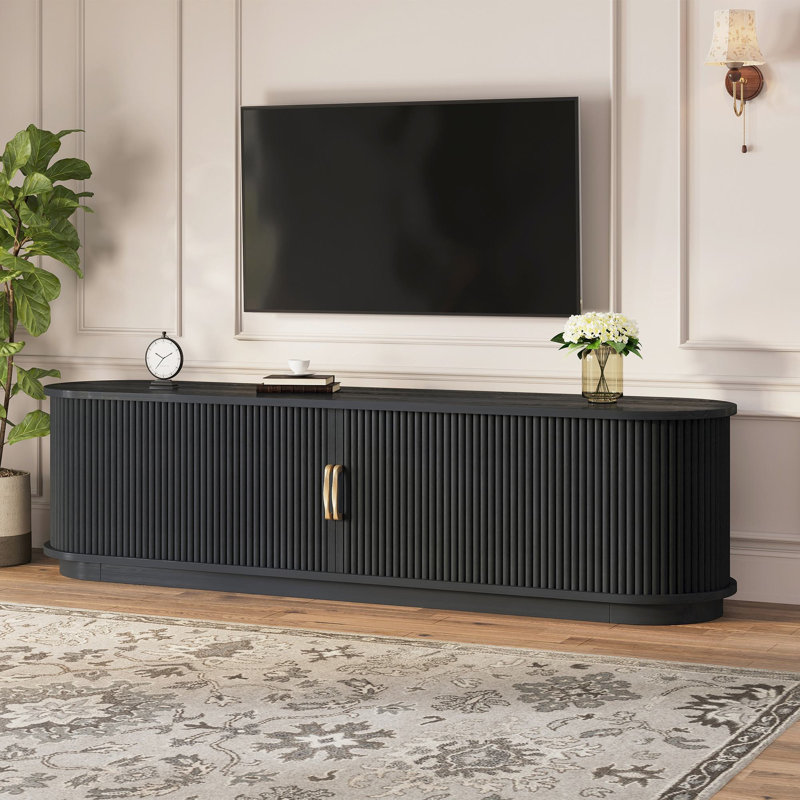 66.9‘’TV Stand With Sliding Wood Slatted Doors For Tvs Up To 75", Black