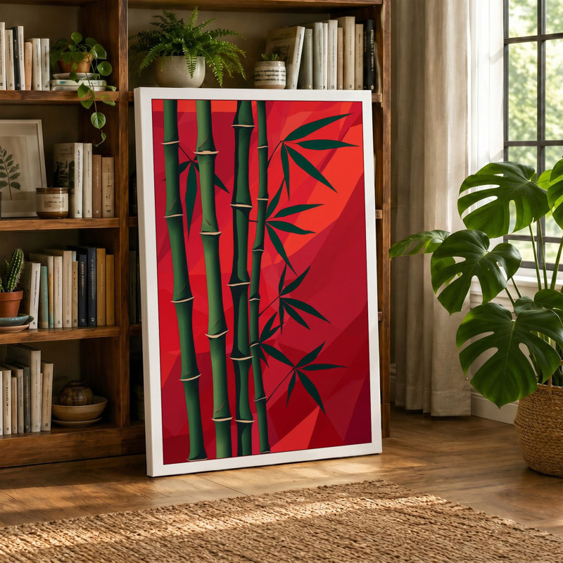 Crimson Bamboo Japandi - Wrapped Canvas, 18x12 - 45.7 x 30.5 cm, Black Border
