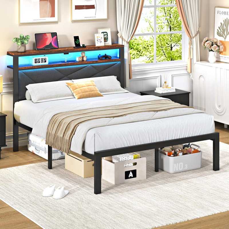 Queen Size Bed Frame with Wood Storage Headboard, Charging Station and LED Lights, Noiseless, Easy Assembly, No Box Spring Needed