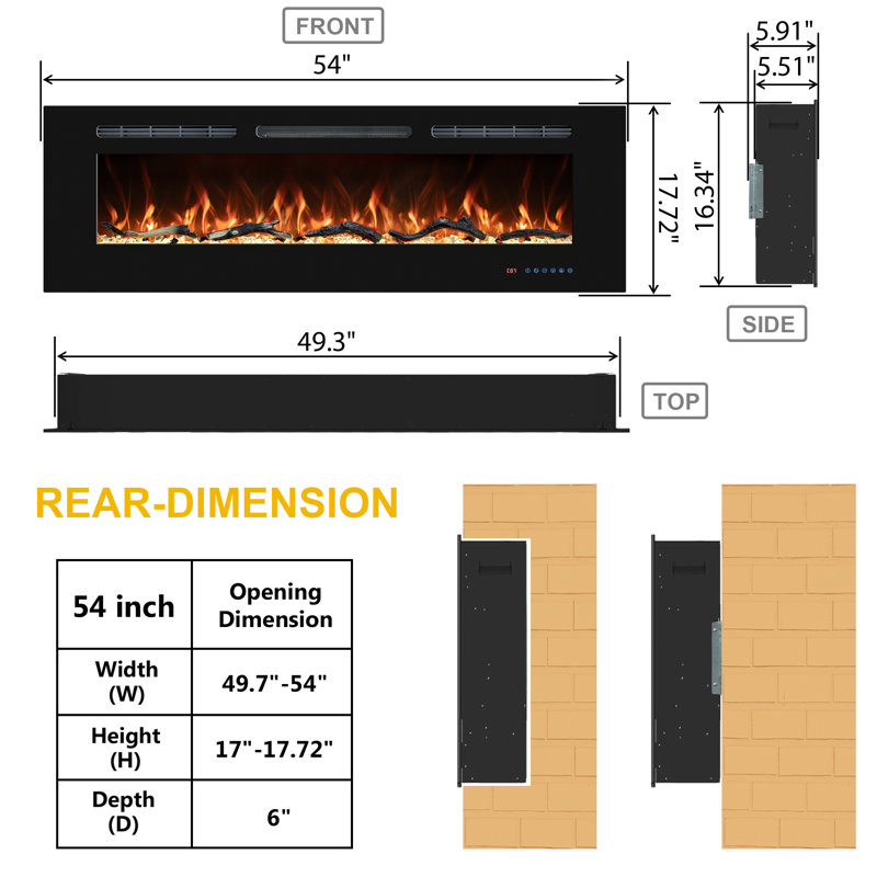 Berni Powder Coated Electric Fireplace with 5120 BTU, 17.7" H x 54" W x 5.5" D, Black