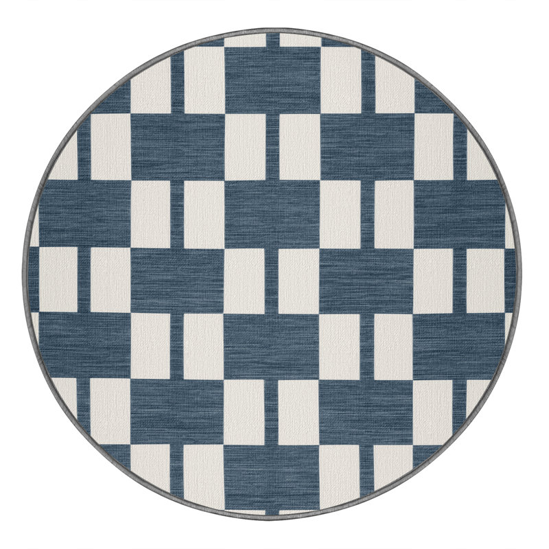 Tapis gris à carreaux lavable à la machine, Rond 5 pi
