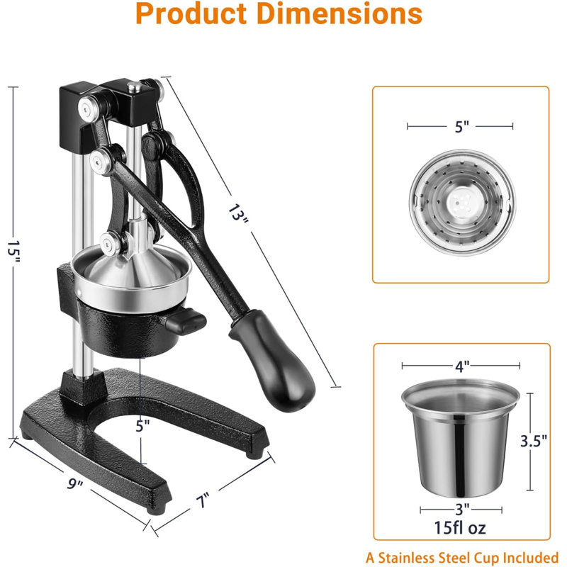 Heavy-Duty Cast Iron Manual Citrus Juicer Press, Stainless Steel Cup, Easy-Clean Squeezer for Lemon Pomegranate Orange Lime (Black)