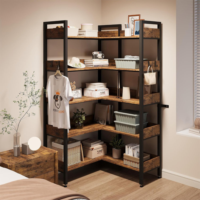 Corner Bookshelf, 5-Tier L-Shaped Industrial Bookcase, Convertible Storage Display Shelf for Living Room or Office, Brown