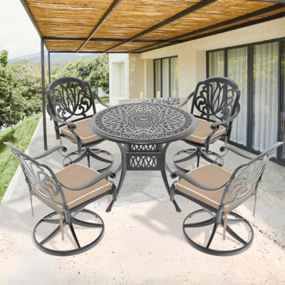 All-Weather Cast Aluminum Dining Set, Include 4 Swivel Chairs And Round Table With Black Frame