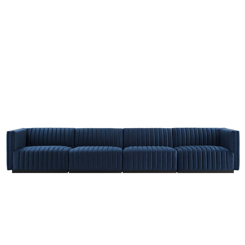 Conjure Channel Tufted Sofa by Modway, Black, Navy Blue Velvet, 28" H x 119" W x 41.5" D
