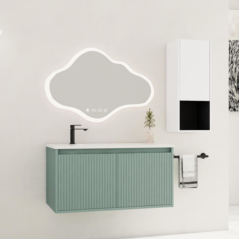 Meuble-lavabo suspendu de 91 cm (36 po) avec lavabo en résine et tiroir latéral, blanc, style moderne, placard en contreplaqué à fermeture amortie, construction
