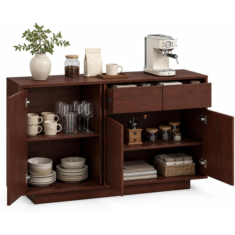 Buffet moderne 55 "avec portes et tiroirs, console de rangement en bois pour la cuisine de la salle à manger, crédence d'entrée avec tablettes ouvertes