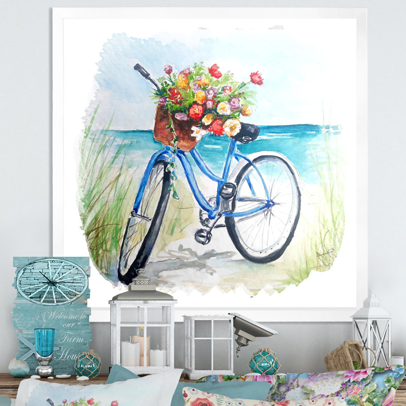 Fleurs de bicyclette rétro - sur, Impression blanche sur toile encadrée, H 30 po x l 30 po x P 1 po