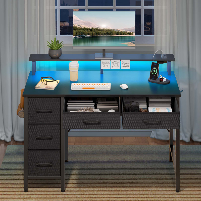 Computer Desk with Monitor Stand & Charging Station, Gaming Desk with LED Lights &  Drawers, Black