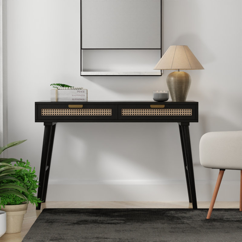 Sedona Cane 45" Semi-Assembled Writing Desk with USB & AC Outlets, Black, Black