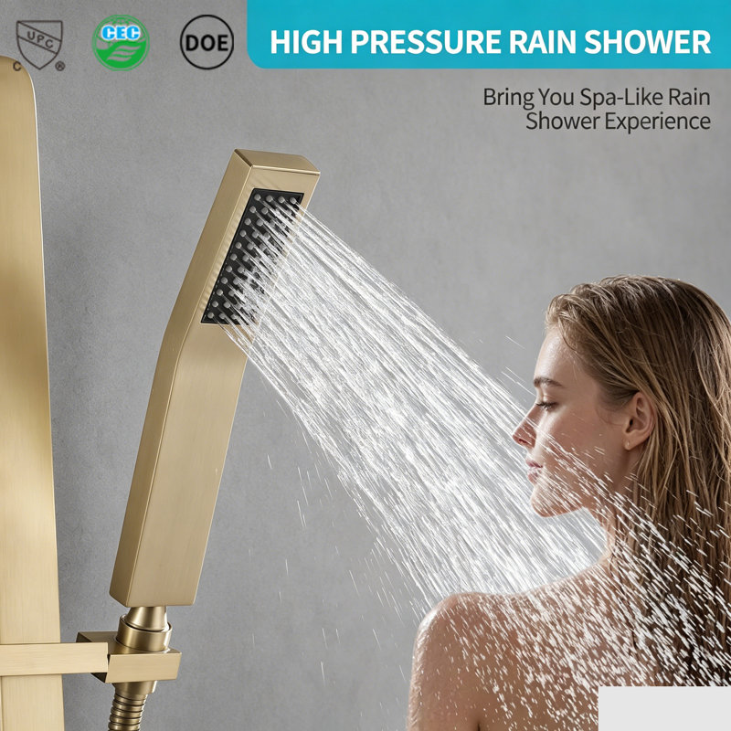 Modern Square Flat-headed Handheld Shower System Wall-mounted Single Handle with Slide Bar，Brushed Gold, Brushed Gold