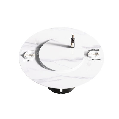 57.83" Round Dining Table With White Sintered Stone Surface & Firm Black Base - Fits 6 People, 31.5" Rotating Tray Elegant Surface, Hard Carbon Steel Base, Accommodates 6, Turntable