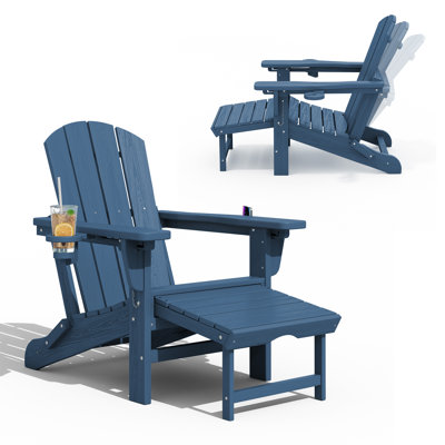 HDPE Foldable Adjustable Outdoor Adirondack Chair With Ottoman and Double Cup Holder