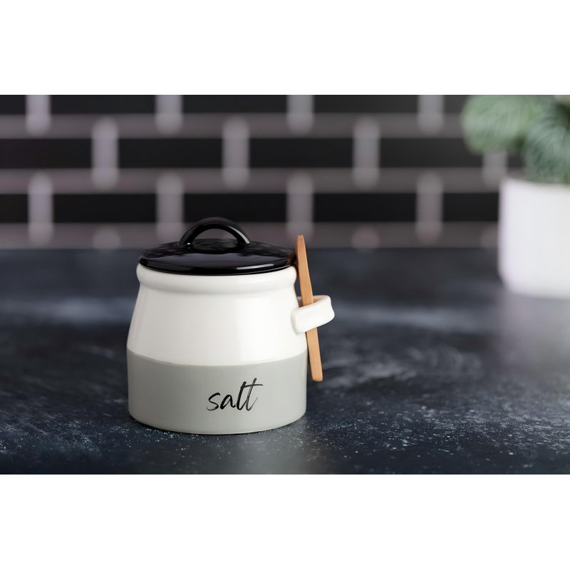 Salt Cellar With Lid And Spoon (10 Oz) - Handmade Salt Keeper W/Wooden Spoon - Ceramic Salt Container With Lid - Stylish Salt Storage Container