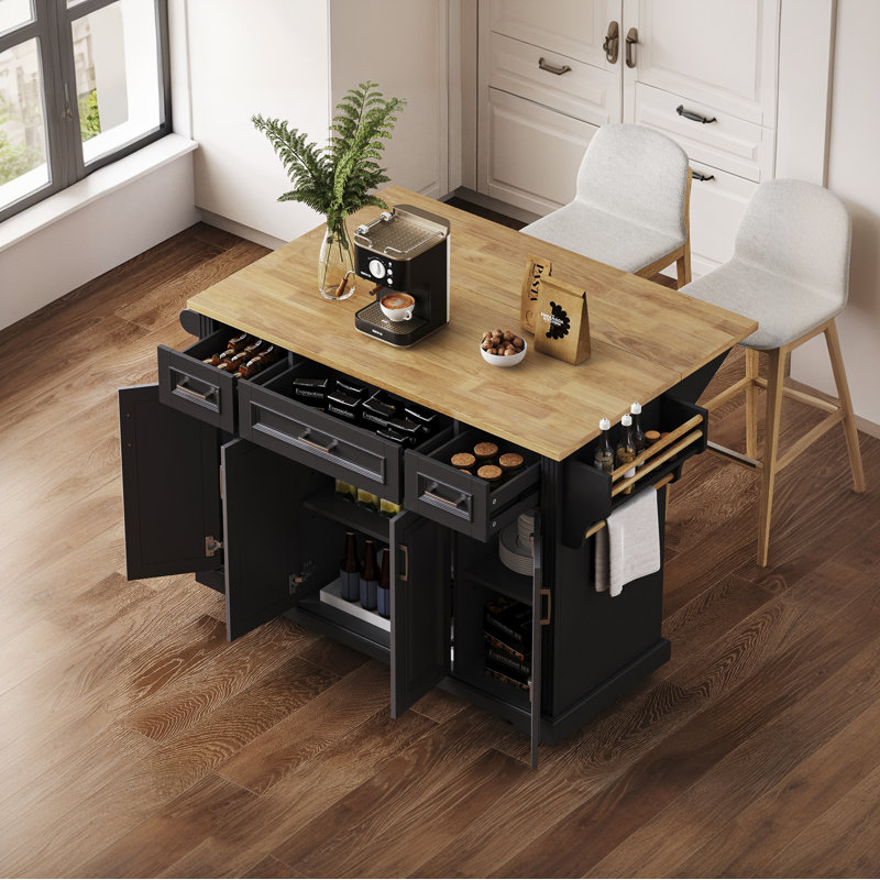 54-Inch Rubberwood Folding Side, Embossed Texture Kitchen Cart With Wheels, 4 Doors, 3 Drawers With Storage, Black