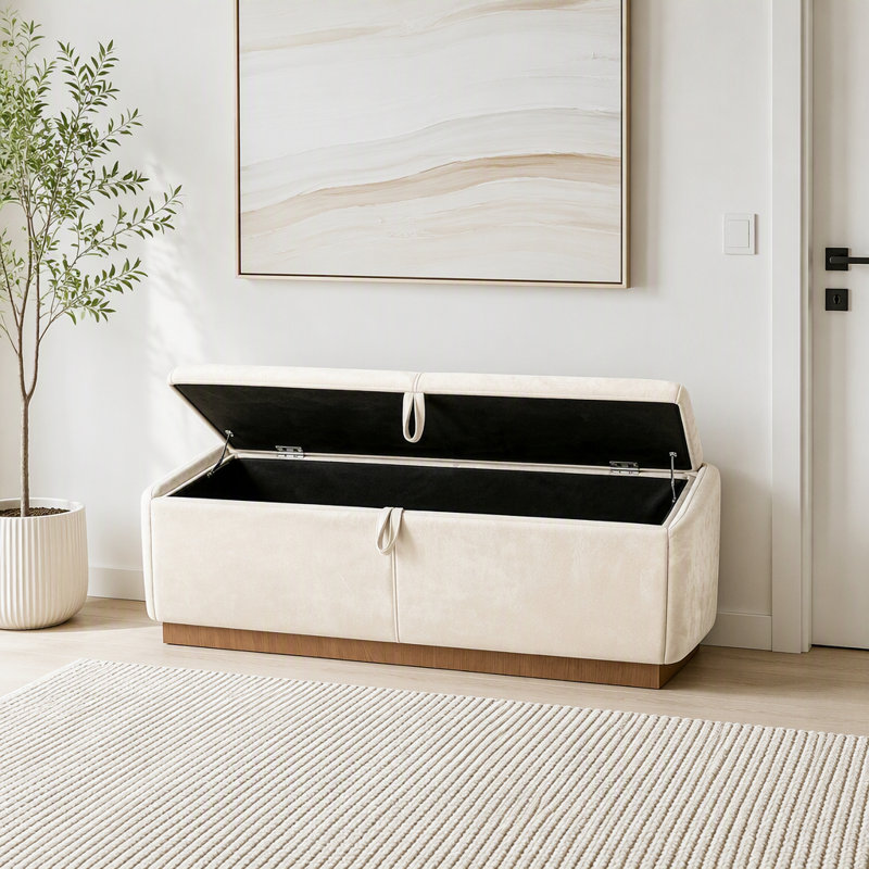Banc repose-pieds en velours avec couvercle relevable et coutures cousues, Beige