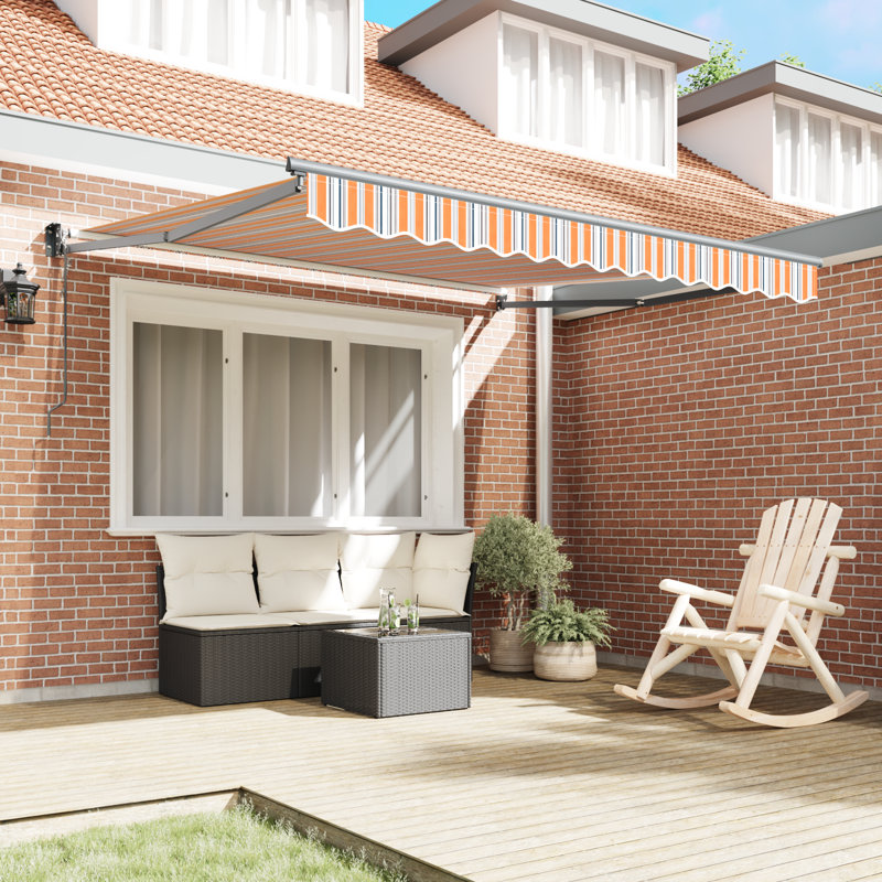 Ebern Designs Retractable Patio Awning, 350 cm W x 250 cm D, Yellow/Blue/Grey Striped
