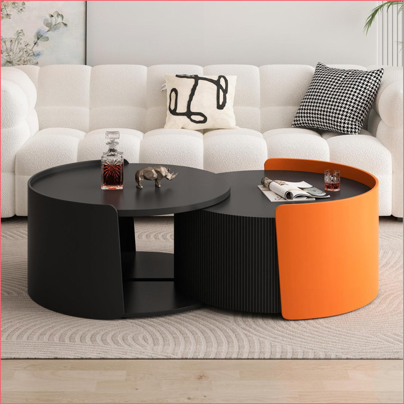 Table basse ronde noire compacte avec rangement extensible, sans assemblage pour les petits salons, Noir