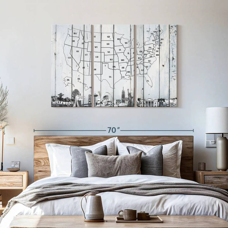 Carte des États-Unis en bois blanc, carte des États-Unis sur toile, 3 pièces, H 36 po x l 57 po x P 1,25 po