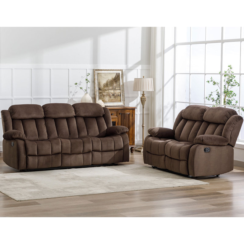 Ensemble de canapé et fauteuil inclinable manuel en microfibre Ireneo, Brun
