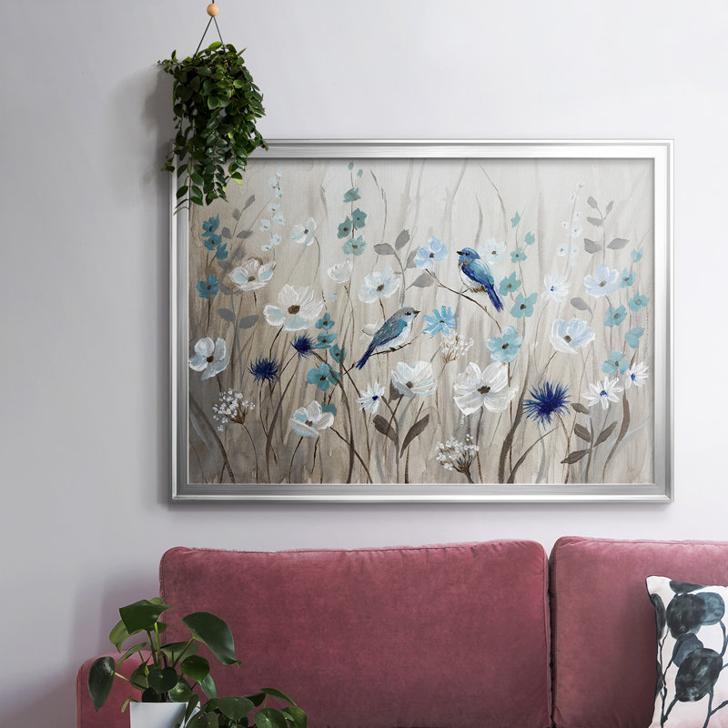 «Bluebirds in Spring», toile tendue avec châssis, H 18 po x l 26 po x P 1,5 po, Argent