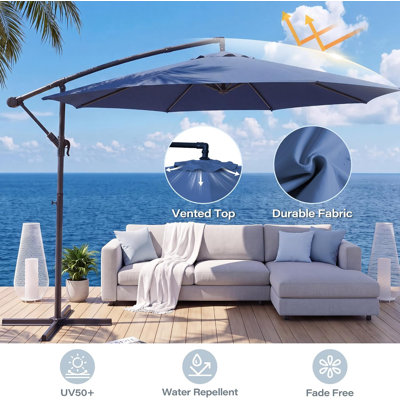 Parasol déporté de 3 m (10 pi), parasol suspendu d'extérieur à inclinaison réglable avec toile imperméable pour piscine, jardin et terrasse.