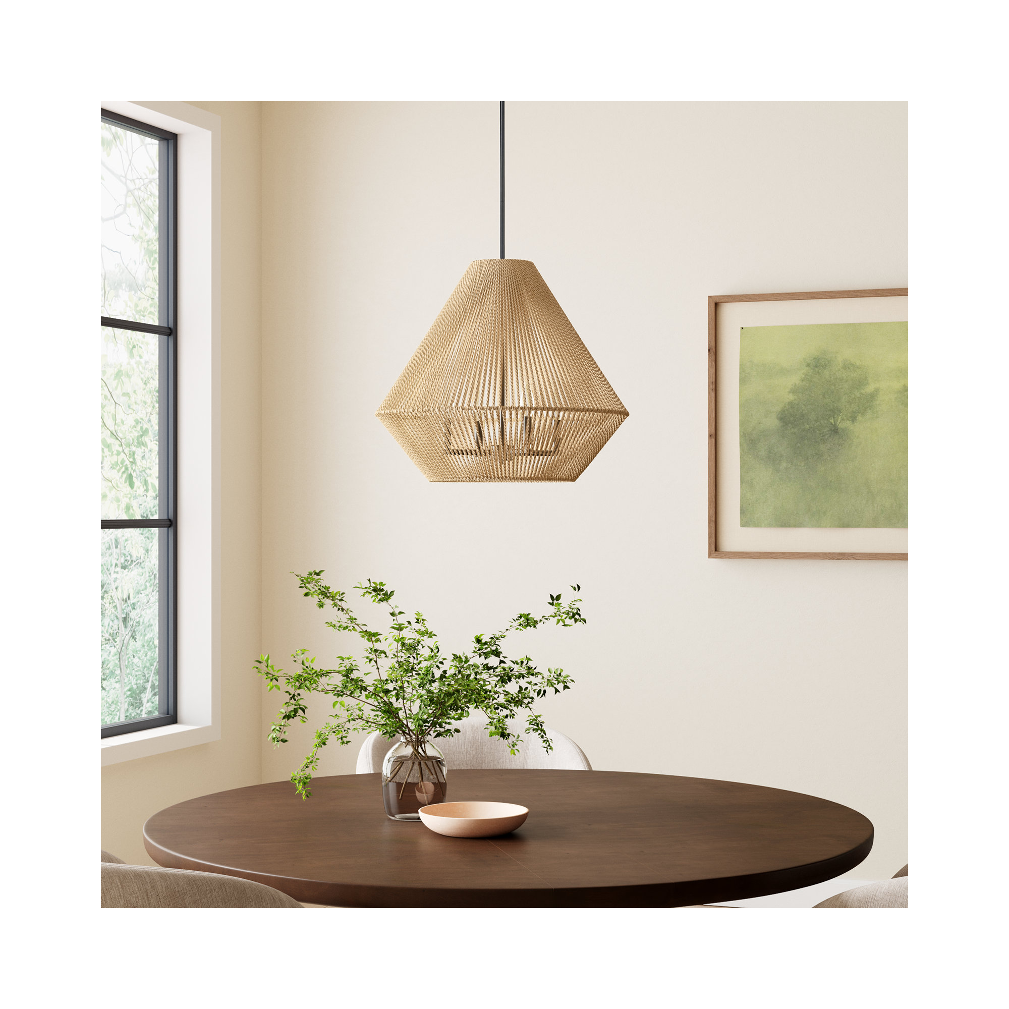 Simon 4 Light Cotton Steel Dimmable Pendant, Natural Raphia Rope