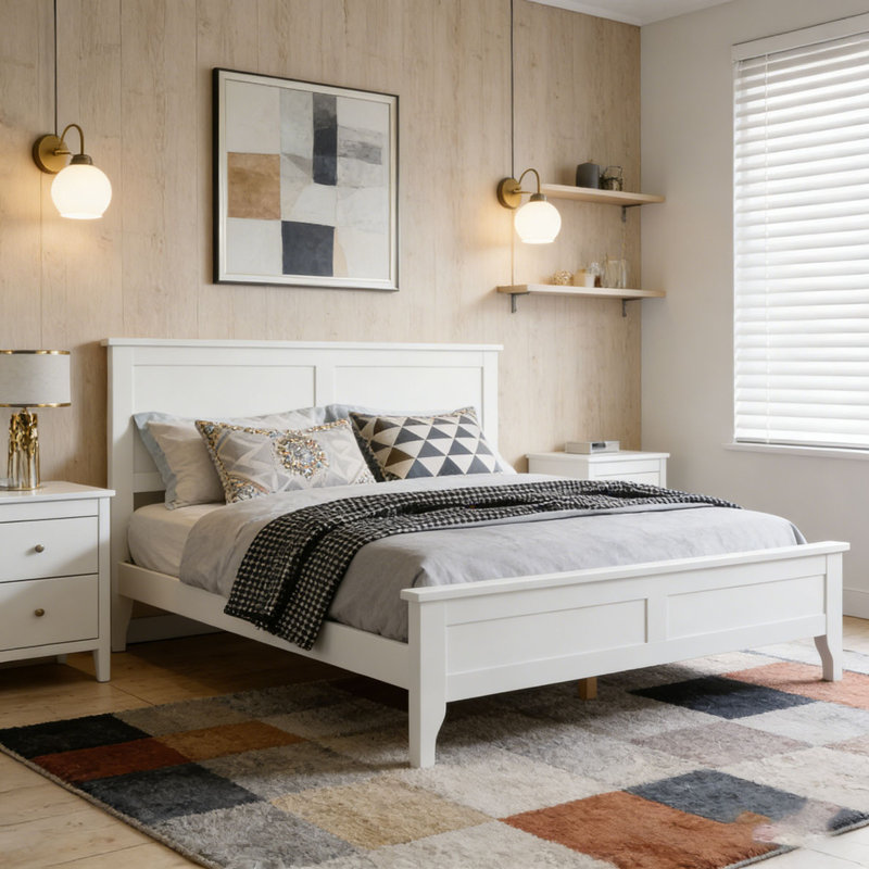 Modern Solid Wood Platform Bed, White, Queen