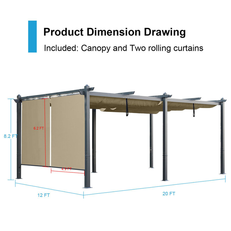 Pergola en aluminium avec auvent Aoodor, Kaki, H 8,2 pi x l 20 pi x P 12 pi