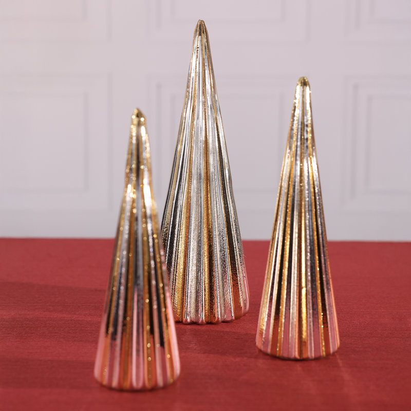 Sapins de table en verre côtelé de Noël, ensemble de 3, Gold & Silver