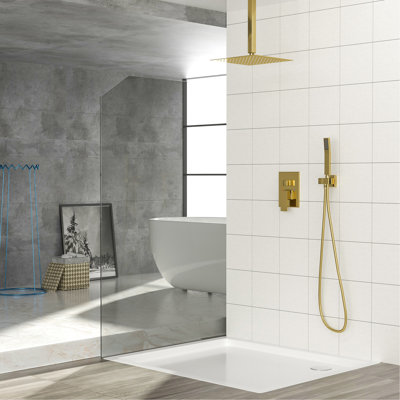 Gold Dual Shower Head - 16 Inch Ceiling Mount Square With Rainfall Function Hose And Holder