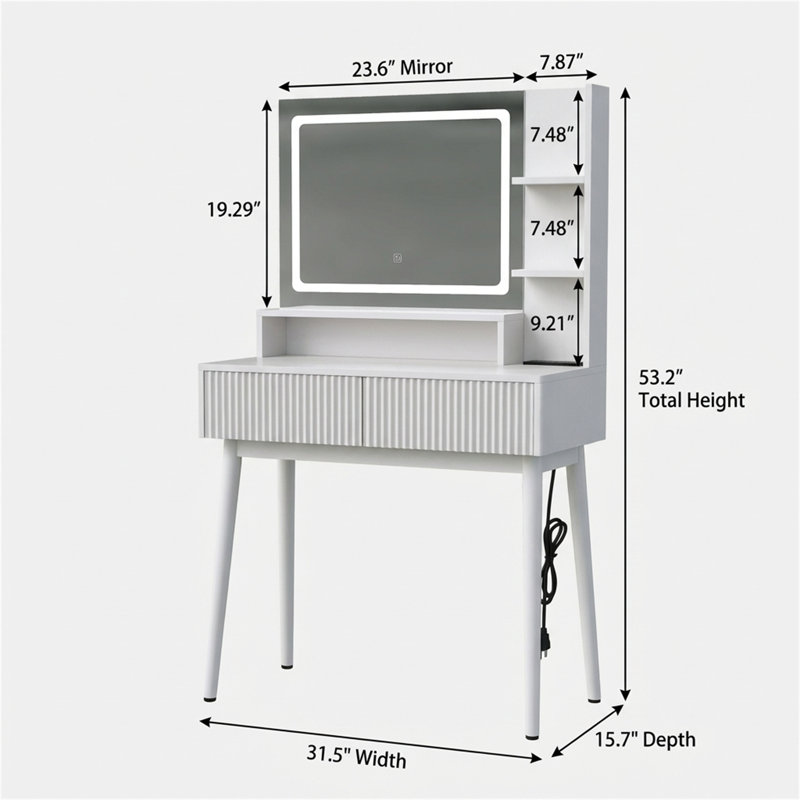 Vanity Desk with LED Mirror & Charging Station, White