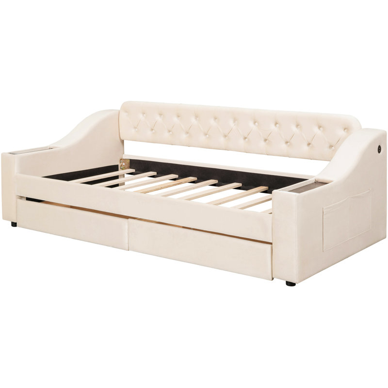 Lit de jour simple beige avec rangement pour accoudoirs et point de charge